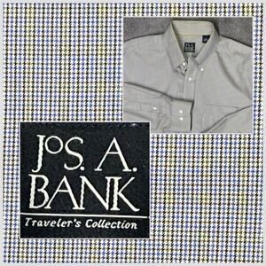 Jos. A. Banks Mens Large Brown Blue Yellow Houndstooth Long Sleeve Cotton Shirt